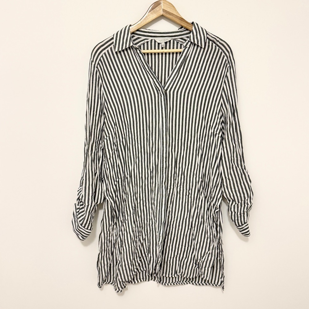 Lucky Brand Button Down Shirt Tunic Dress Size Large Striped Boho Beach Cover Up